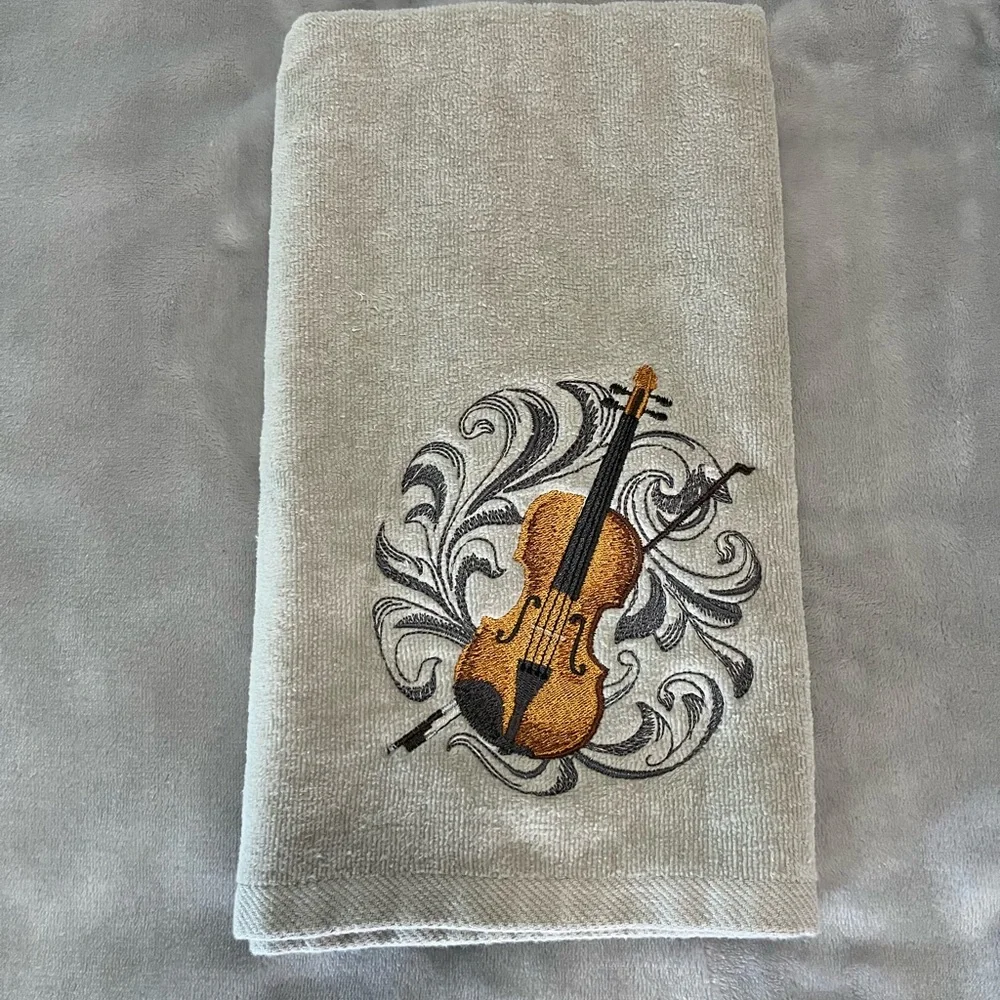 Violin theme embroidered pair of hand hand towels Handcrafted.